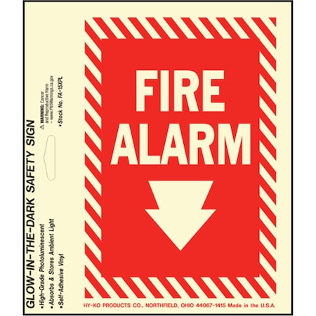 Hy-Ko Fire Alarm Photoluminescent Sign 5" x 7", 10PK A11503